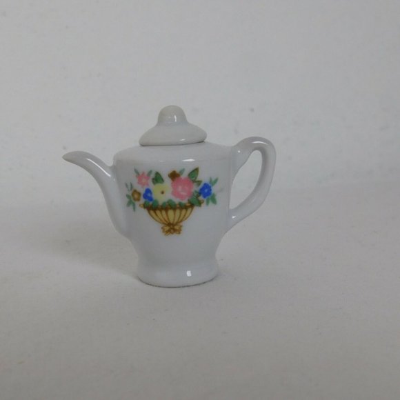 Porcelain 13 Piece Mini Miniature White w/Flower Basket Tea Set Teapot Dolls - Picture 2 of 11